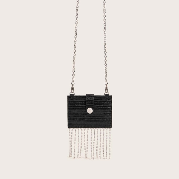 

Mini Rhinestone Decor Fringe Hem Clutch Bag, Black