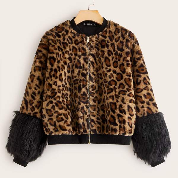 

Zip Up Faux Fur Cuff Leopard Coat, Multicolor