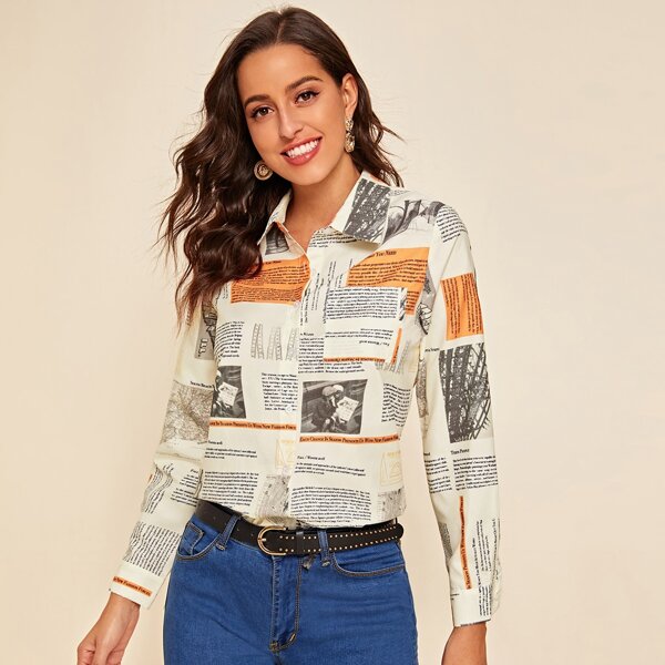 

Newspaper Print Curved Hem Blouse, Multicolor pastel