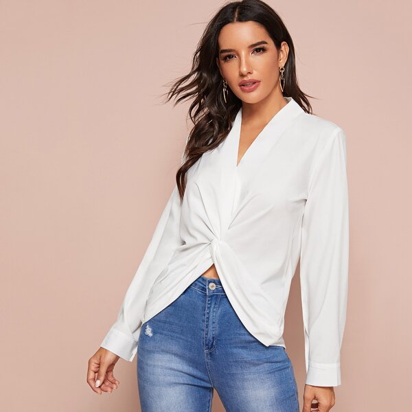 

Solid Twist Front Blouse, White