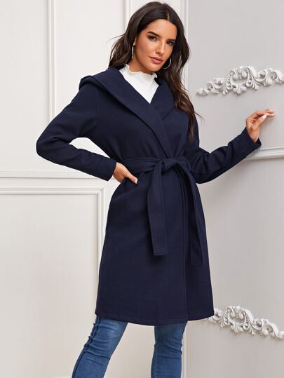 Solid Hooded Wrap Coat With Belt