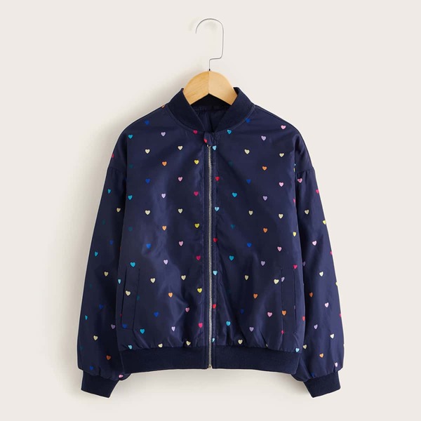 

Girls Zip Up Heart Print Bomber Jacket, Navy