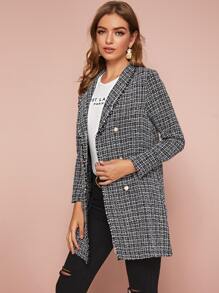 Double Button Shawl Collar Plaid Tweed Coat - Black and White - View 4