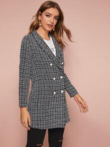 Double Button Shawl Collar Plaid Tweed Coat - Black and White - View 5