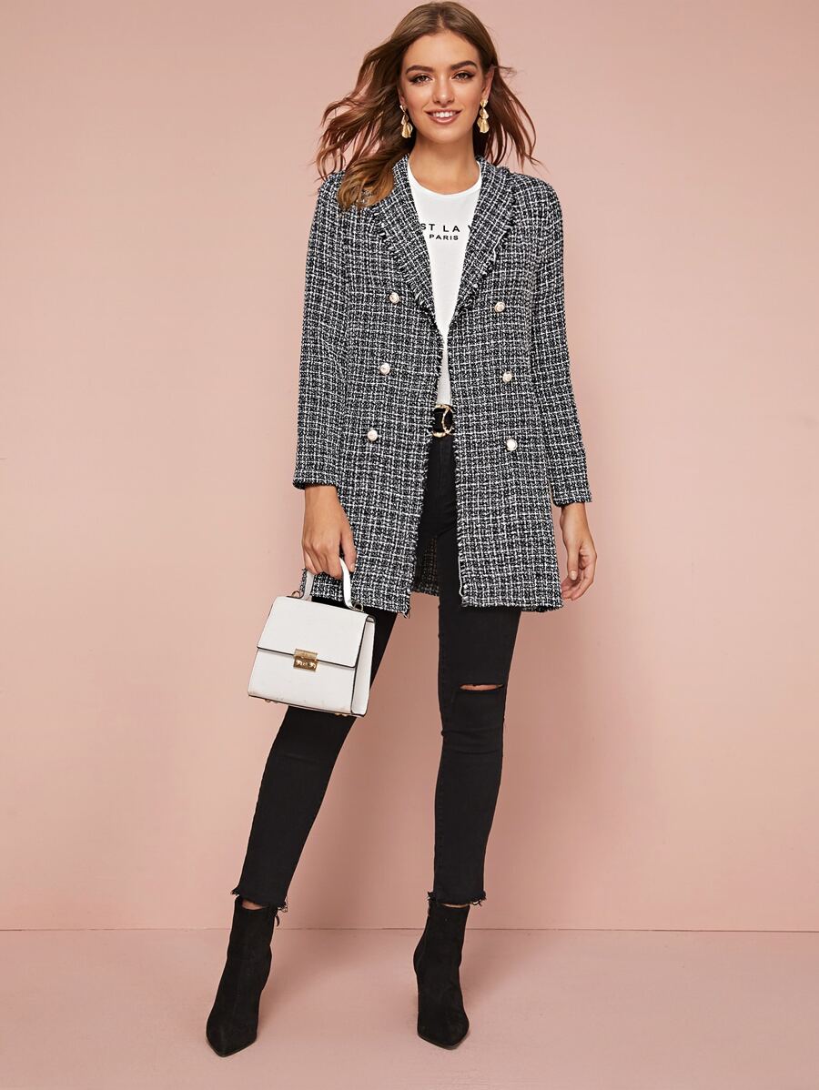 Double Button Shawl Collar Plaid Tweed Coat - Black and White - View 1