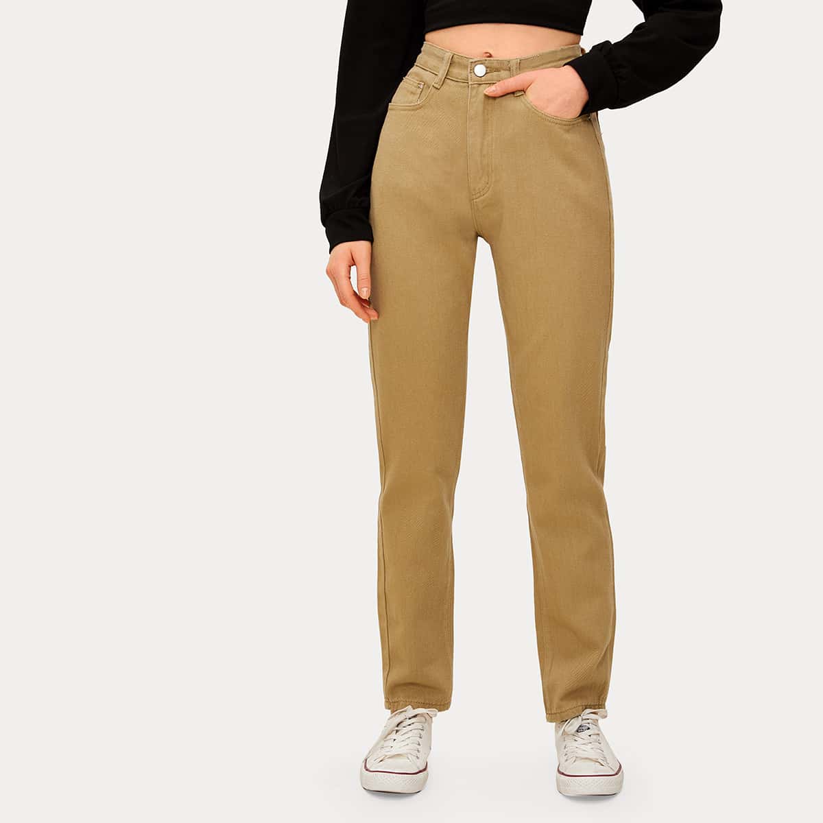 

Solid 5-pocket Straight Leg Jeans, Khaki