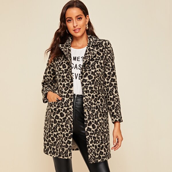 

Leopard Print Lapel Collar Faux Fur Coat, Multicolor
