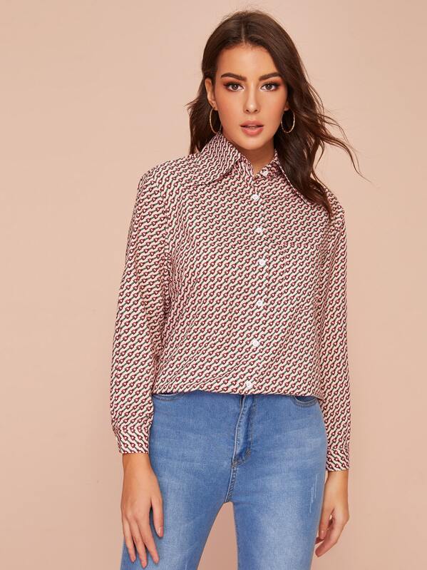 

Chain Print Curved Hem Button Up Blouse, Multicolor
