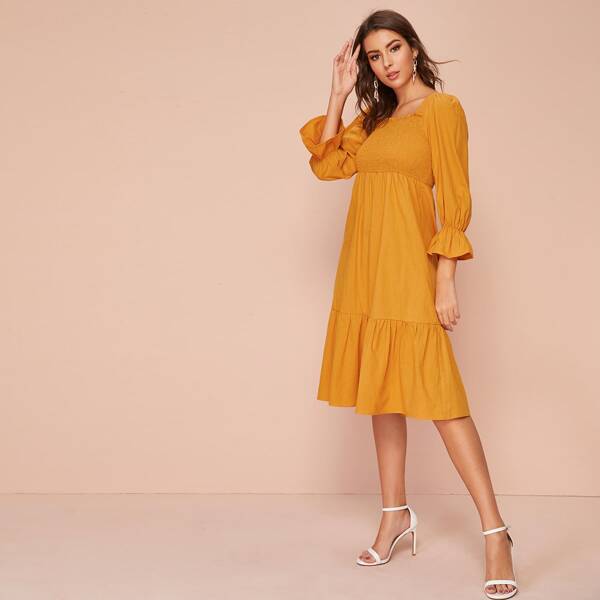 

Shirred Ruffle Hem Square Neck Dress, Yellow