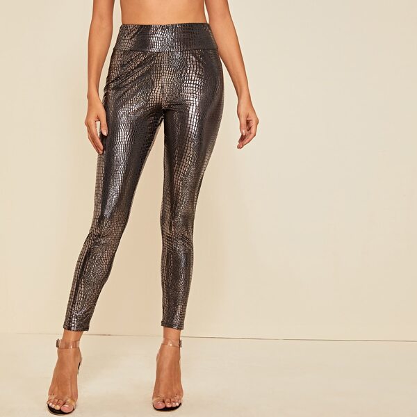 

Wide Waistband Metallic Crocodile Embossed Leggings, Bronze