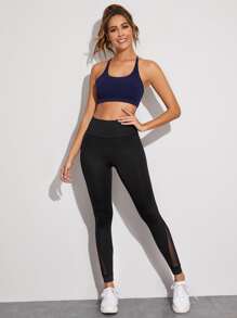 Easithlete Yoga Tights High Stretch Tummy Control Sports Tights With Contrast Mesh - Black - View 4