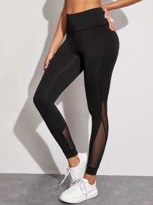 Easithlete Yoga Tights High Stretch Tummy Control Sports Tights With Contrast Mesh - Black - View 5