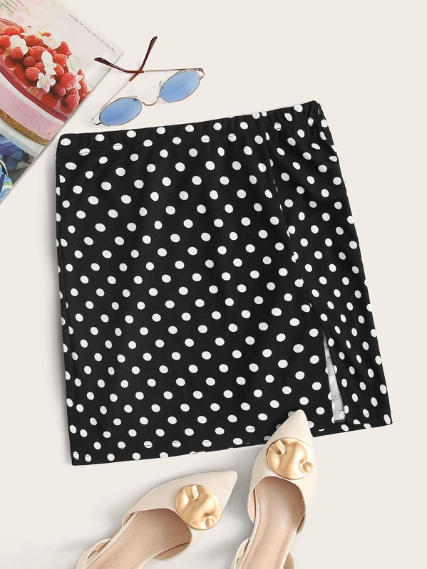 

Polka Dot Split Hem Skirt, Black and white, Sasa