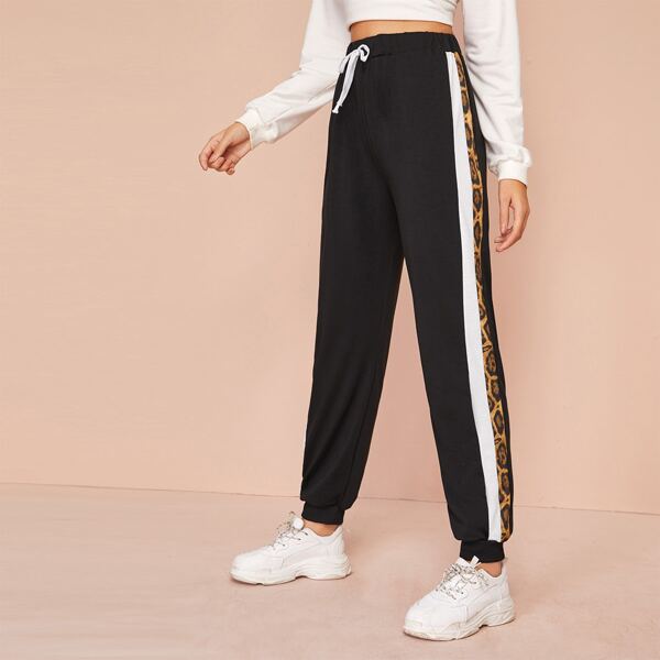 

Contrast Side Leopard Pattern Drawstring Sweatpants, Black