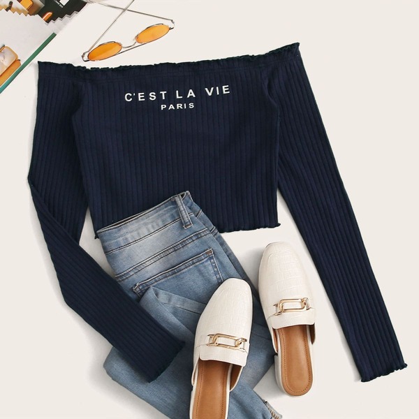 

Off Shoulder Lettuce Trim Slogan Print Crop Top, Navy