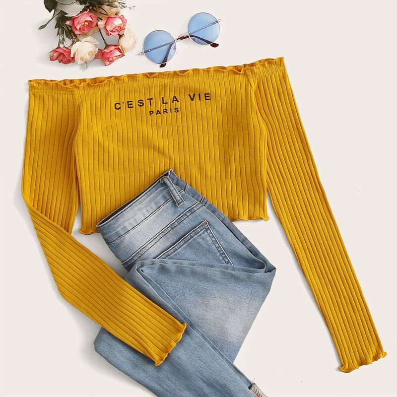 

Off Shoulder Frill Trim Slogan Graphic Crop Top, Bright mustard yellow