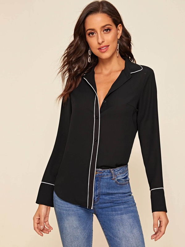 

Button Front Contrast Piping Blouse, Black, Mary P.