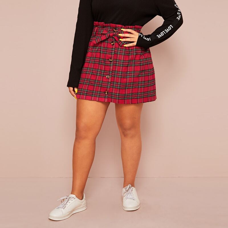 

Plus Tartan Plaid Self Tie Straight Skirt, Multicolor