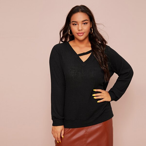 

Plus Solid Ribbed Knit Sweater, Black