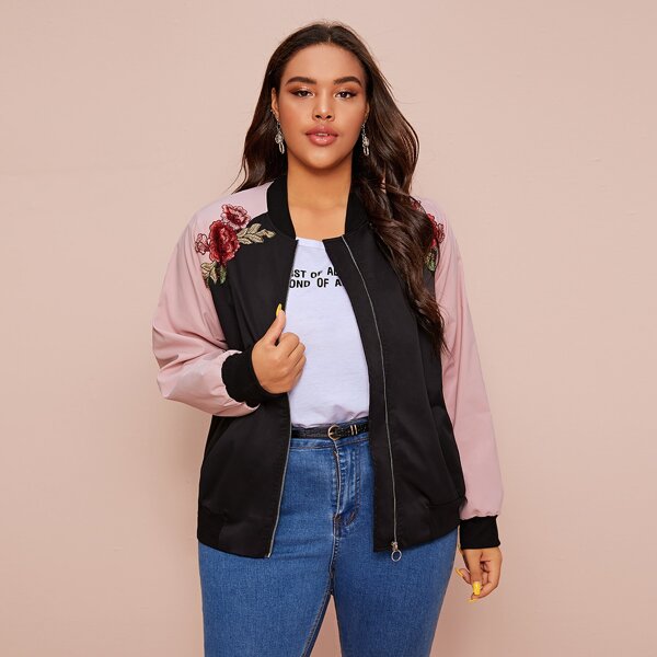 

Plus Floral Embroidered Zip Up Bomber Jacket, Multicolor