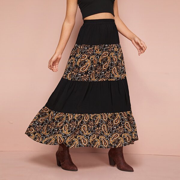 

Color Block Paisley Print Layered Skirt, Multicolor