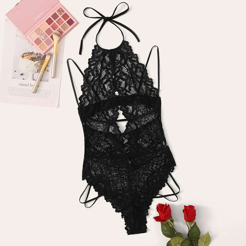 

Floral Lace Sheer Teddy Bodysuit, Black