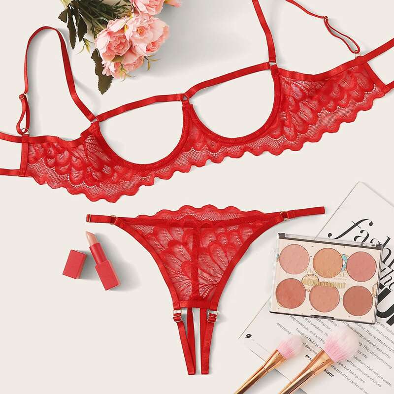 

Floral Lace Crotchless Underwire Lingerie Set, Red