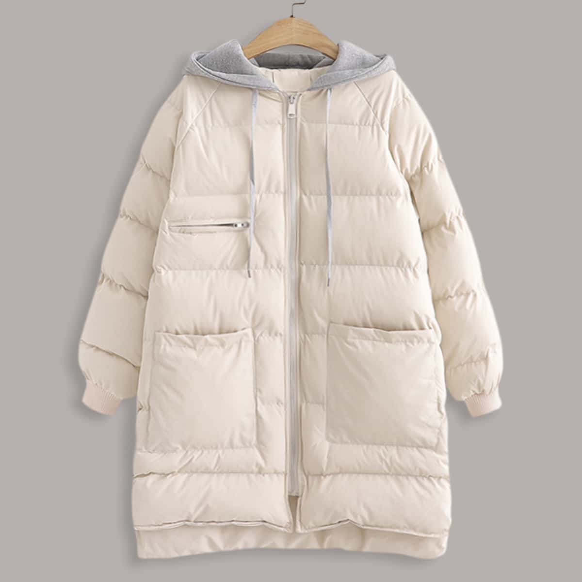 

Dual Pocket Front Zip-up Puffer Coat, Beige