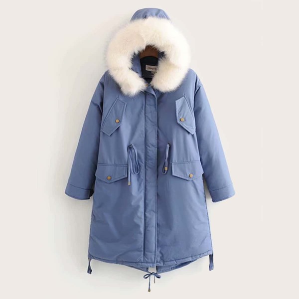 

Contrast Faux Fur Flap Pocket Drawstring Parka Coat, Blue