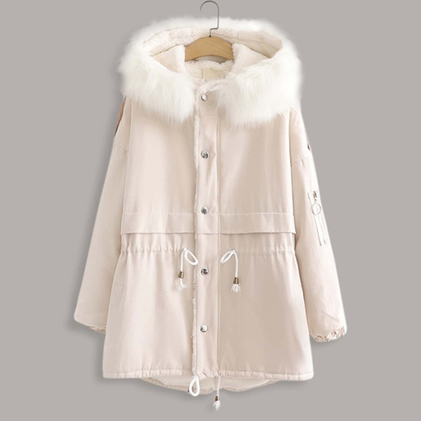 

Contrast Faux Fur Drawstring Waist Parka Coat, Beige