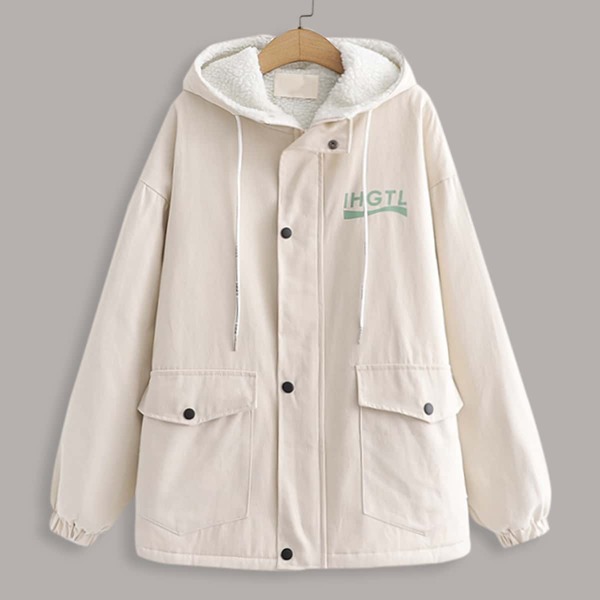 Letter Graphic Flap Pocket Hooded Coat, Beige