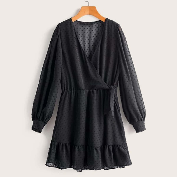 

Swiss Dot Surplice Front Ruffle Hem Dress, Black