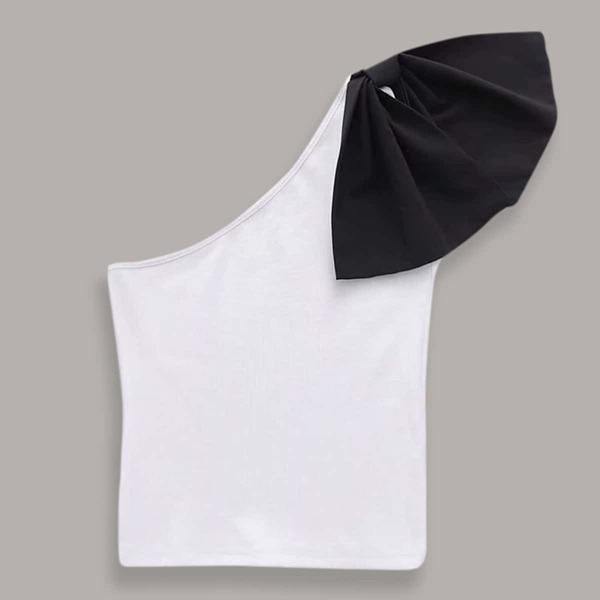 

Bow Decoration One Shoulder Top, Black and white