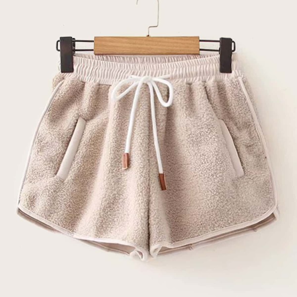 

Solid Drawstring Waist Teddy Track Shorts, Khaki