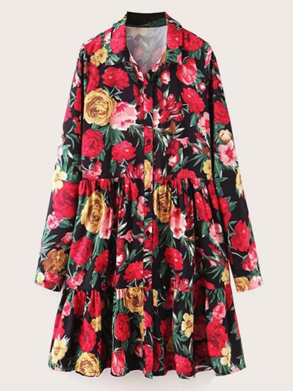 

Floral Print Ruffle Hem Shirt Dress, Multicolor