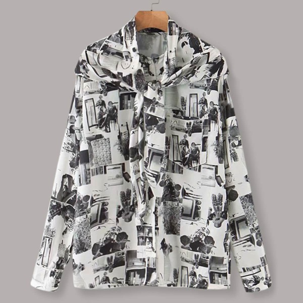 

Graphic Print Button Up Blouse With Cape, Black and white