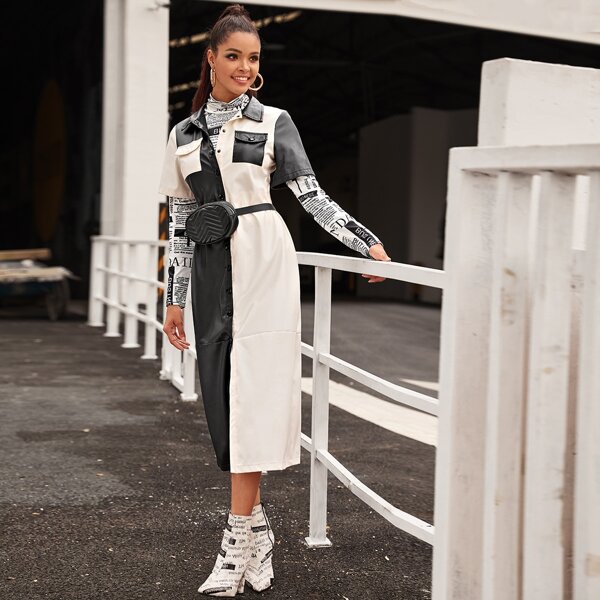 

Contrast Panel Flap Pocket Pu Dress Without Belt Bag, Black and white
