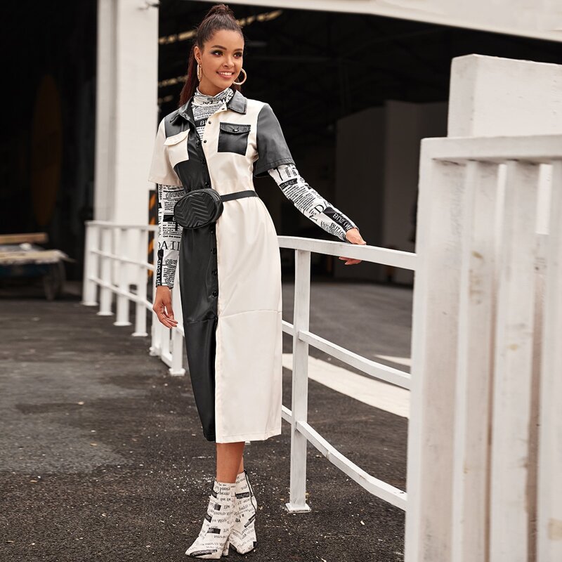 

Contrast Panel Flap Pocket Pu Dress Without Belt Bag, Black and white