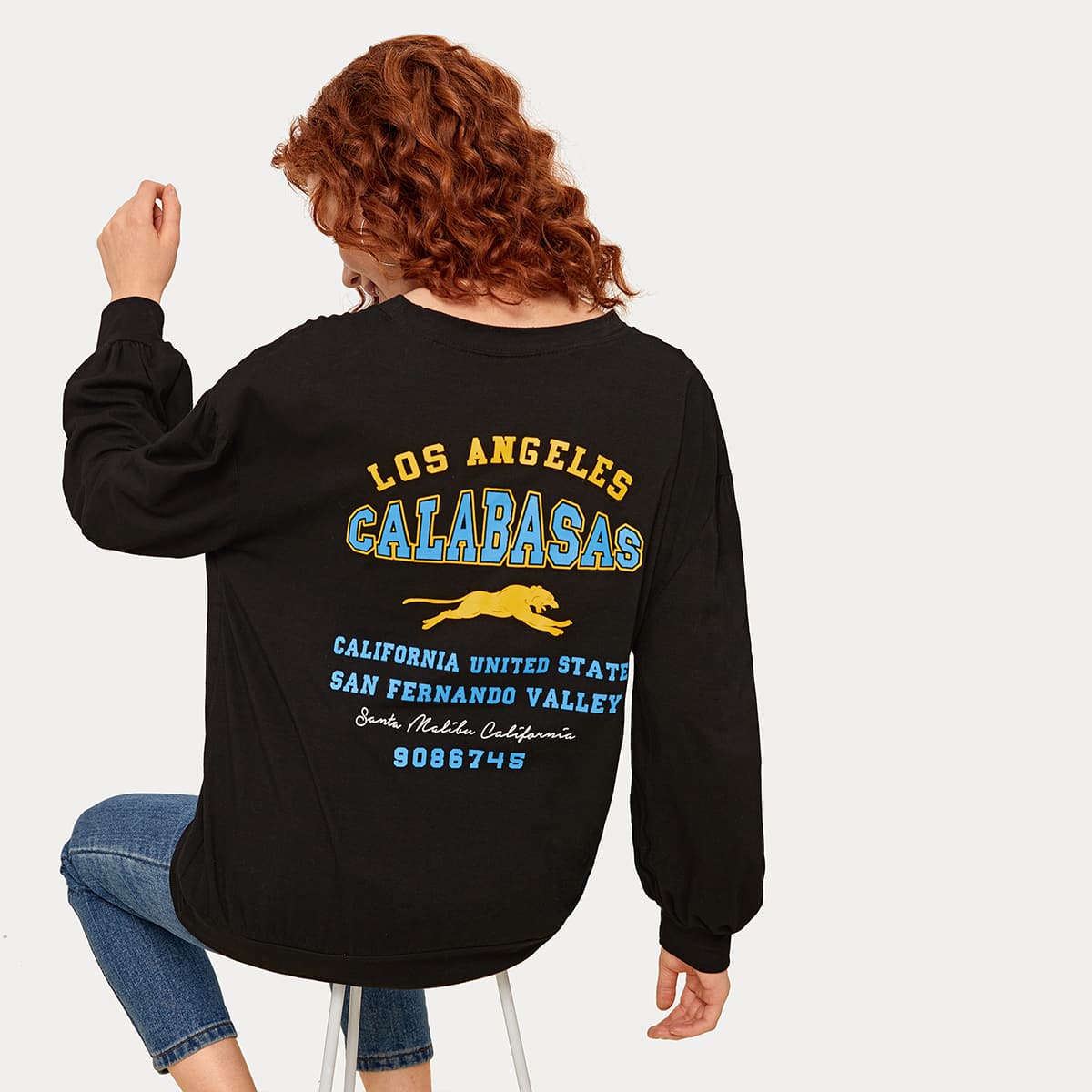 

Letter Graphic Back Crew Neck Sweatshirt, Black