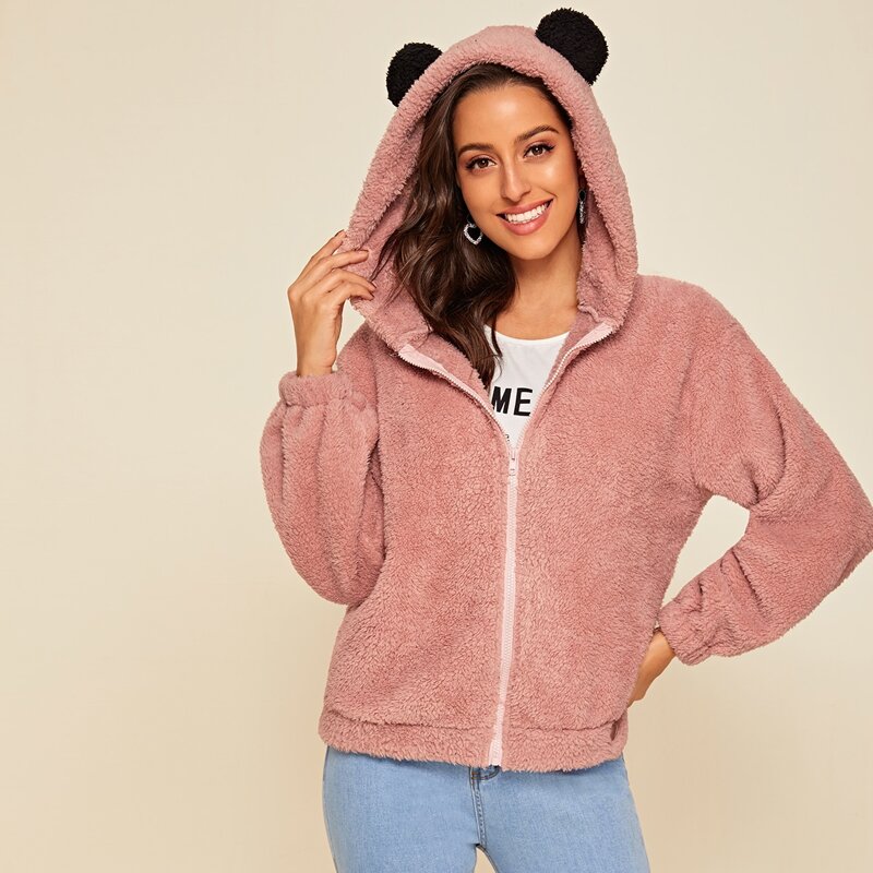 

Zip Up Ear Hooded Teddy Jacket, Pink pastel
