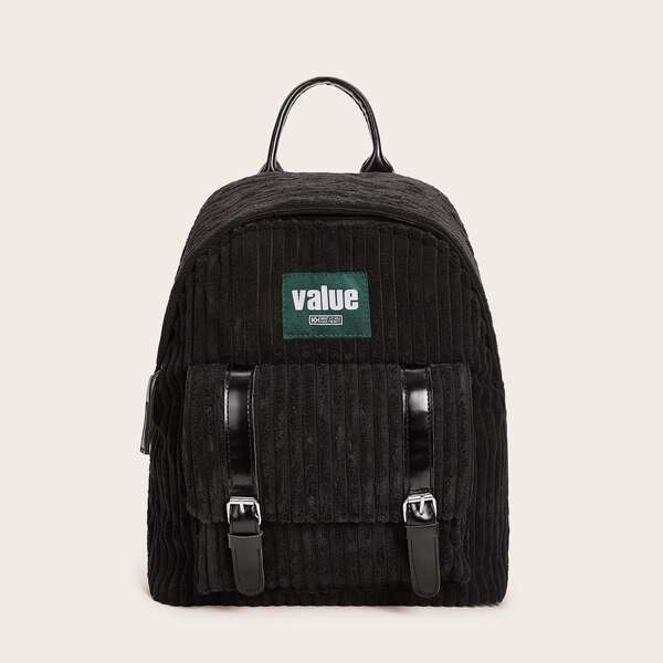 

Double Buckle Strap Front Corduroy Backpack, Black