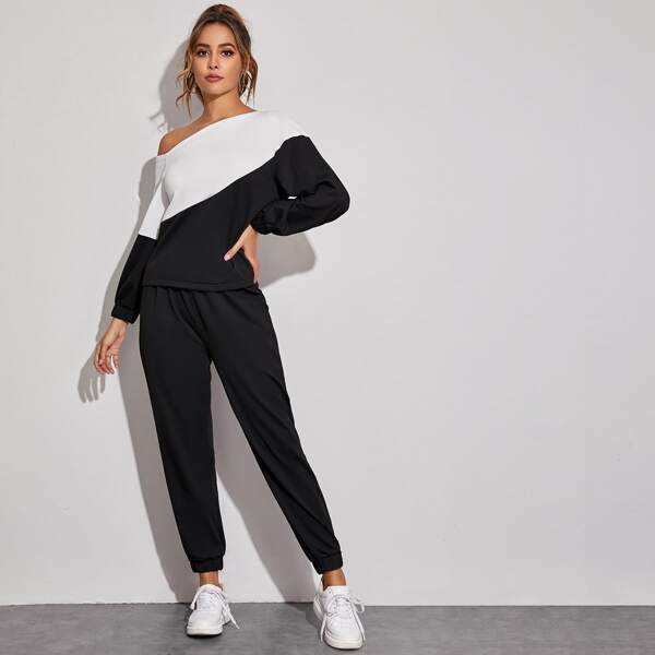 

Two Tone Asymmetrical Neck Tee With Joggers, Black