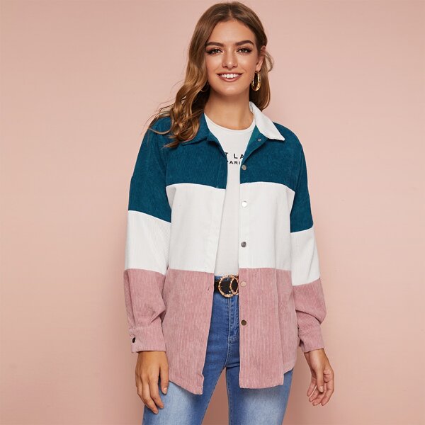 

Single Breasted Colorblock Cord Coat Without Bag, Multicolor