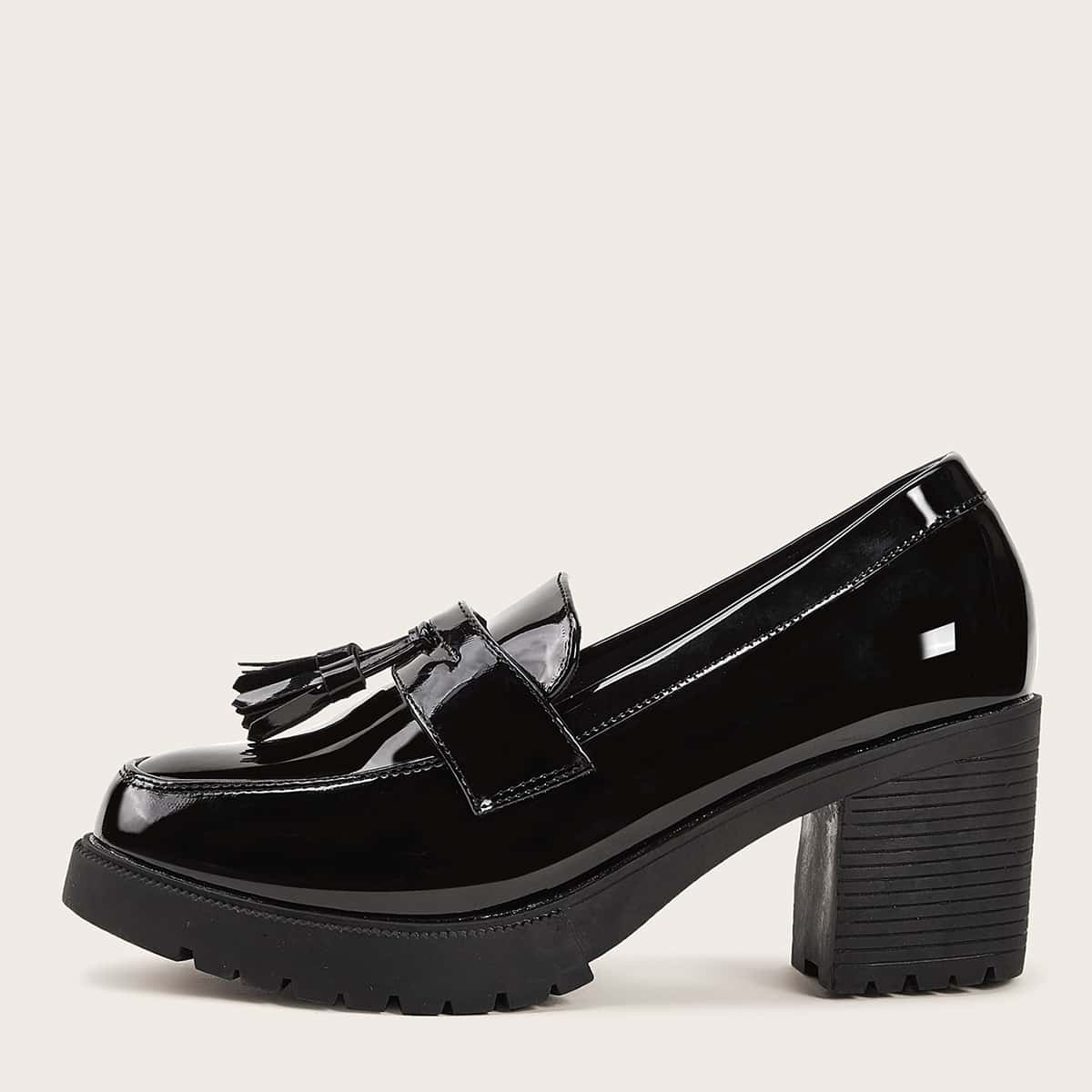 

Tassel Decor Patent Chunky Heeled Loafers, Black