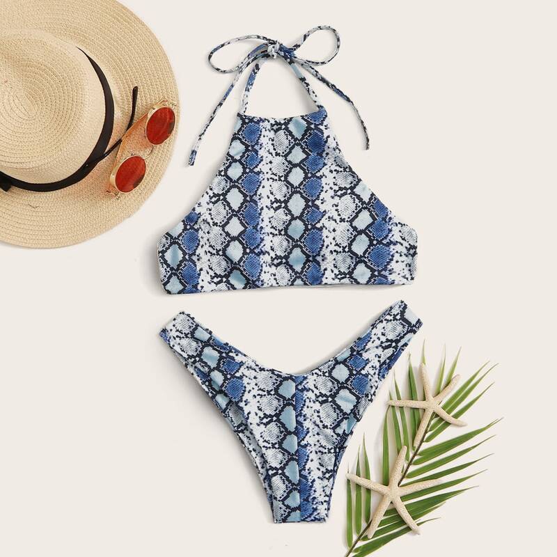 

Snakeskin Print Halter Top With High Cut Bikini Set, Multicolor
