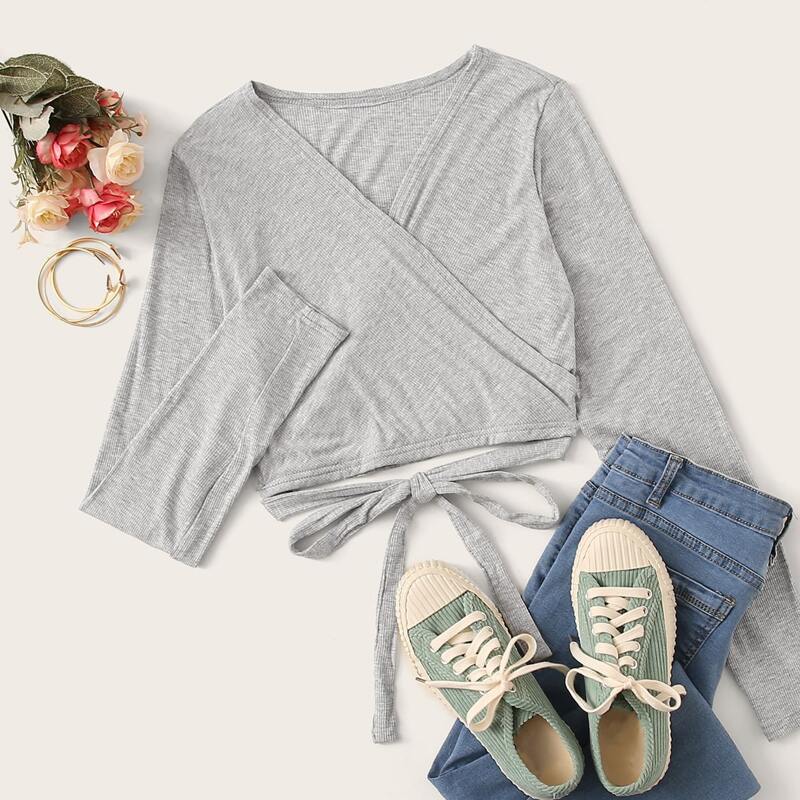 

Self Tie Wrap Crop Top, Grey