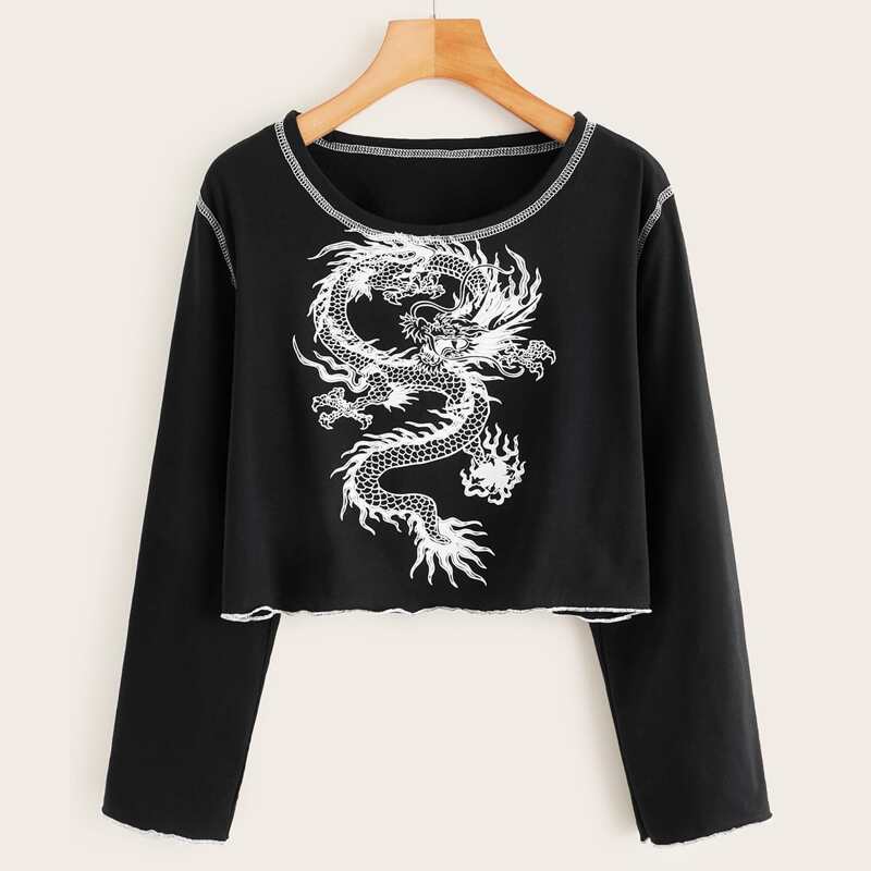 

Dragon Print Topstitch Tee, Black