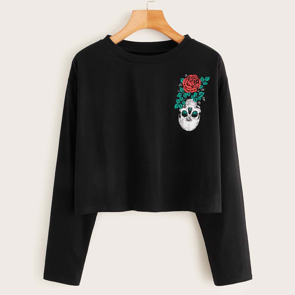 

Skull & Rose Print Long Sleeve Tee, Black