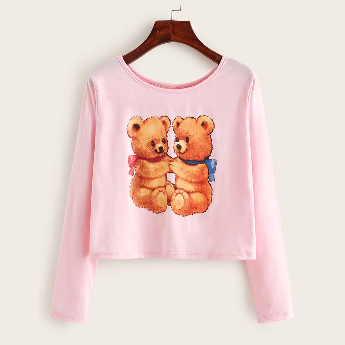 

Teddy Bear Print Round Neck Tee, Pink