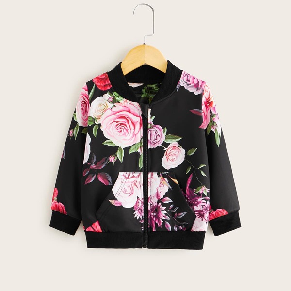

Toddler Girl Floral Print Kangaroo Pocket Bomber Jacket, Multicolor